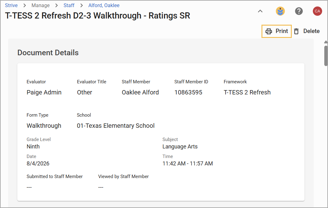 Document details for T-TESS 2 Refresh walkthrough including evaluator and subject information.